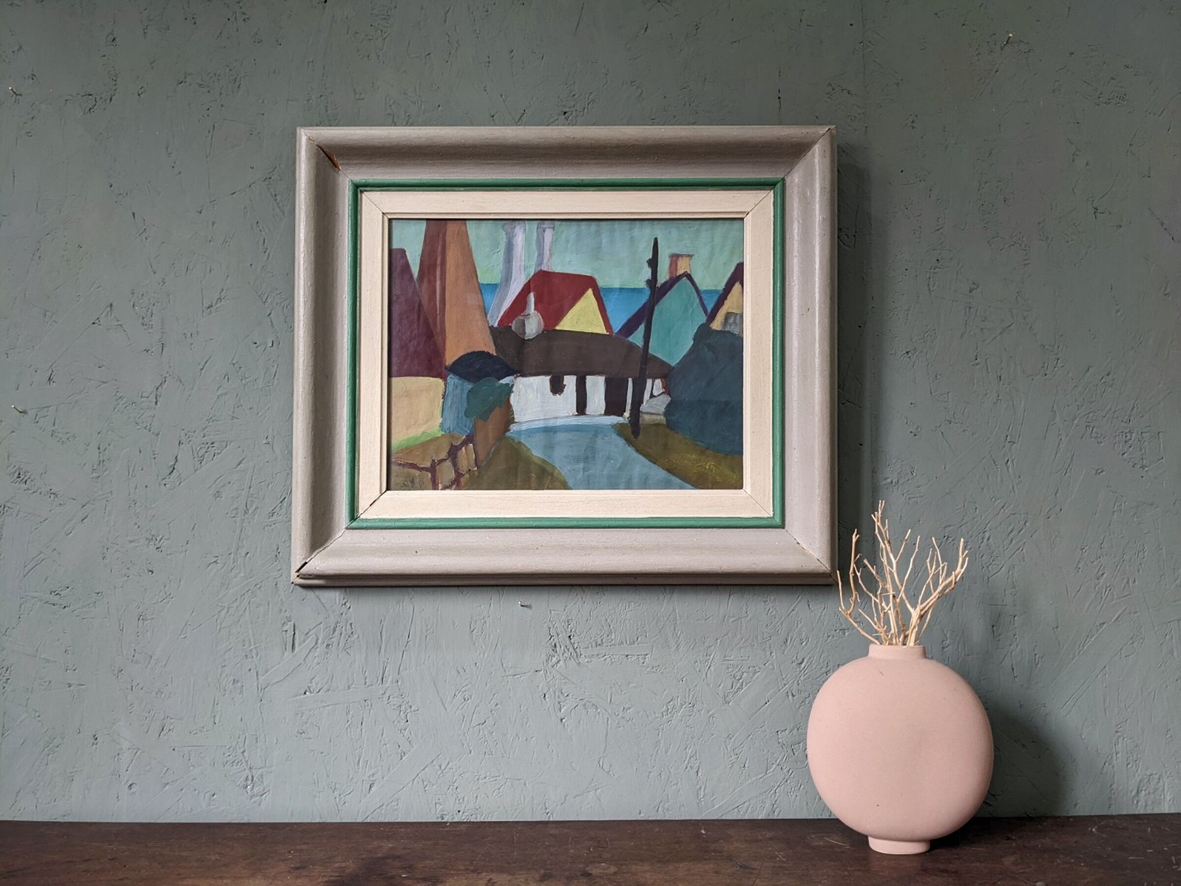 1955 Mid-Century Modern "Street Houses" Swedish Vintage Street Scene Oil Painting, Framed