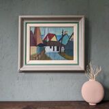 1955 Mid-Century Modern "Street Houses" Swedish Vintage Street Scene Oil Painting, Framed