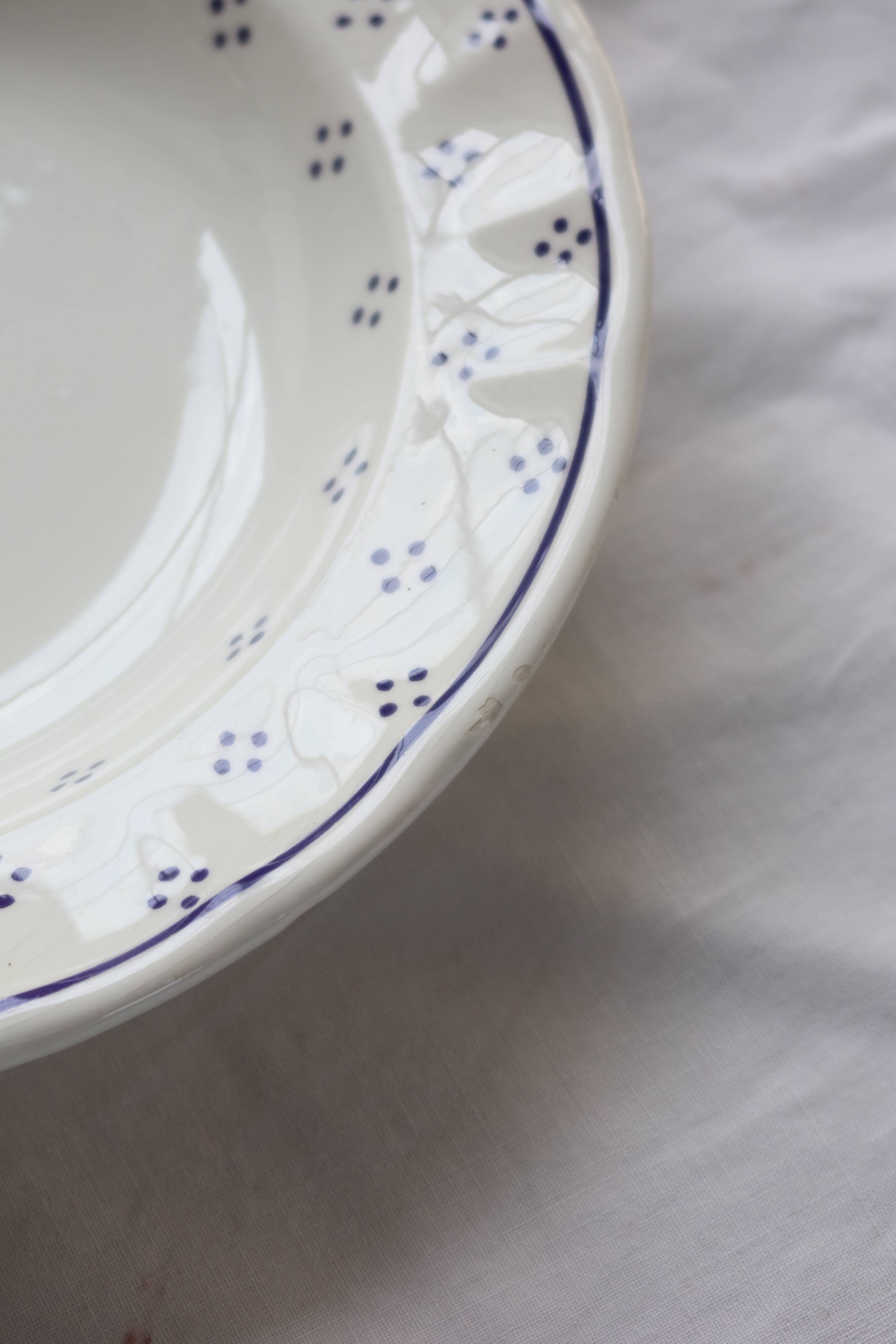 4 vintage white porcelain soup plates - Blue polka dot pattern