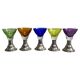 Set of 5 coloured stemmed glasses on silver stems.