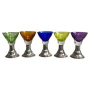Set of 5 coloured stemmed glasses on silver stems.