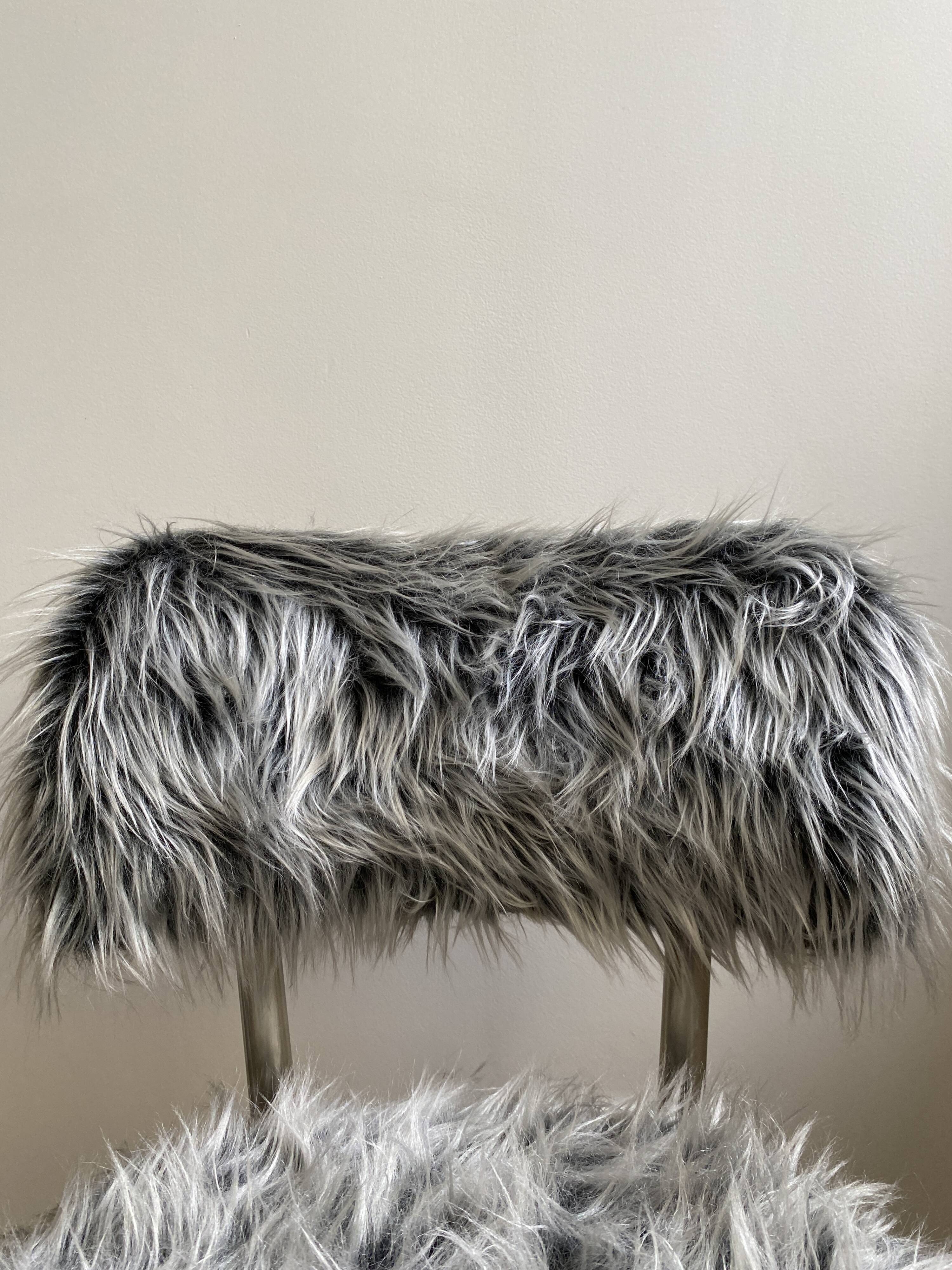 Vintage chair, gray long-haired synthetic fur