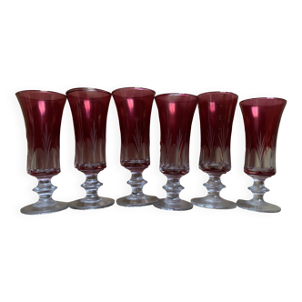 Set of 6 Italian liqueur glasses cut burgundy and transparent vintage very good condition