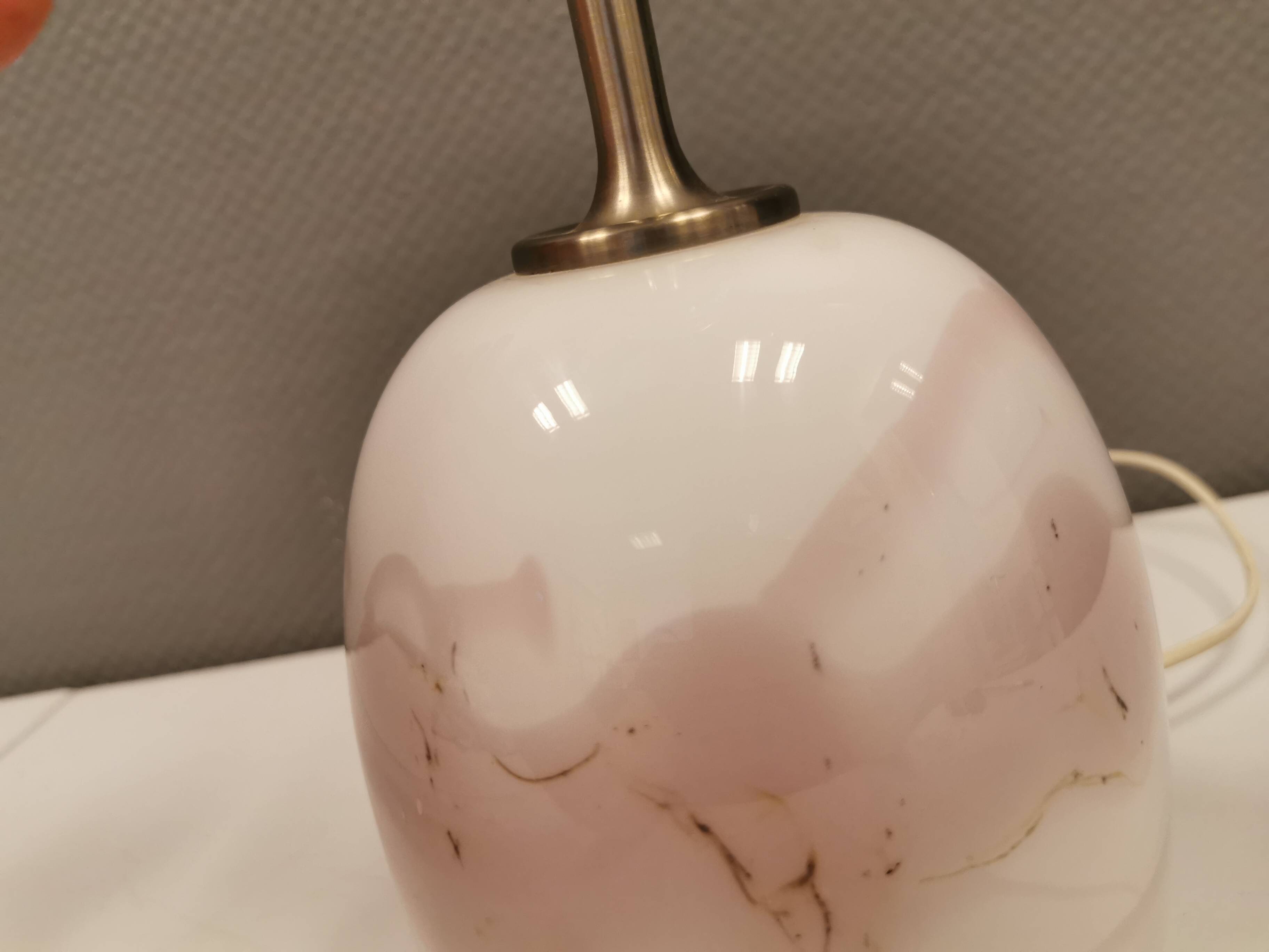 Table lamp in white and rose coloured glass designed by Michael Bang and manufactured by Holmegaard.