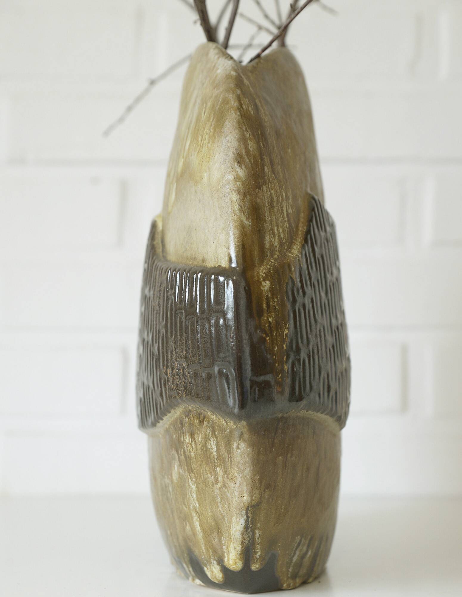 Vintage ceramic floor pampas grass vase brown fat lava pottery Germany 70's