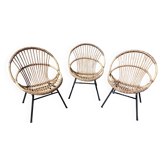 Lot de 3 fauteuils corbeille vintage en rotin Rohé Noordwolde - Années 60