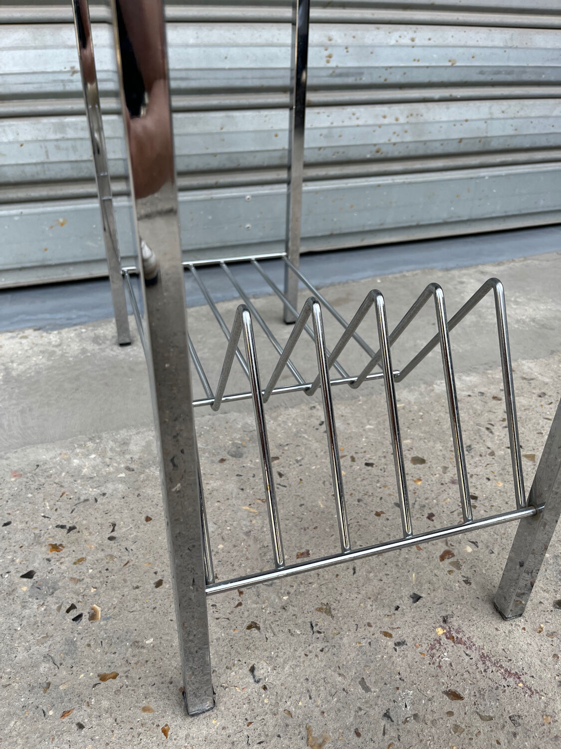 Coffee table, vinyl storage or metal and smoked glass occasional furniture