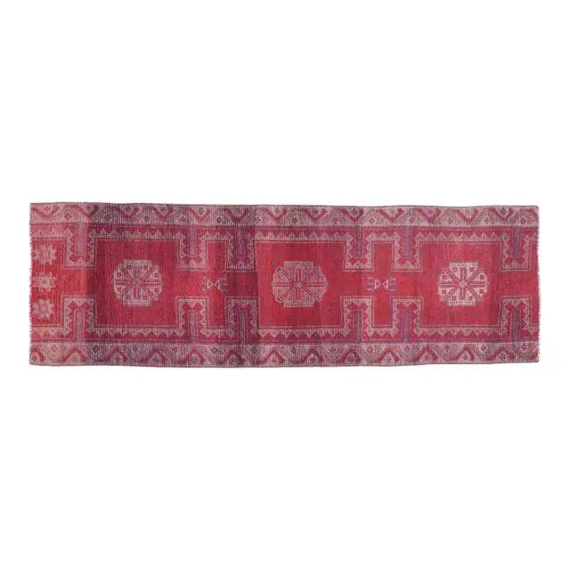 Vintage 1970s Turkish Oushak Handmade Pink Red Wool Wool Runner 89X265