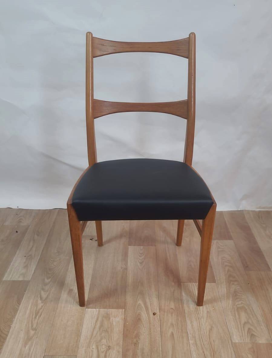 Vintage Danish teak chair – black faux leather seat (1960s)