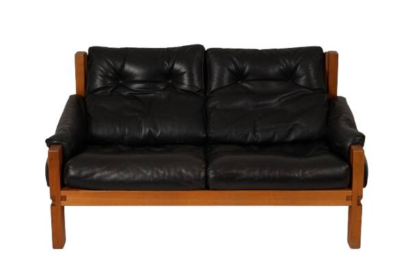 Pierre Chapo. S22 two-seater sofa, in elm and black leather. 1970