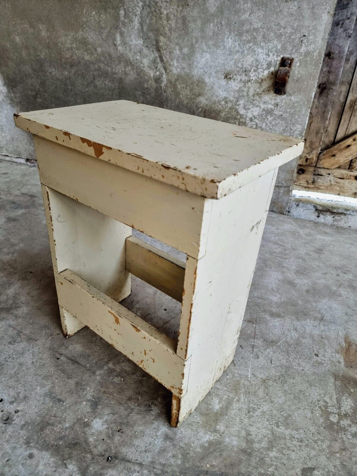 Vintage wooden stool side table creamy white