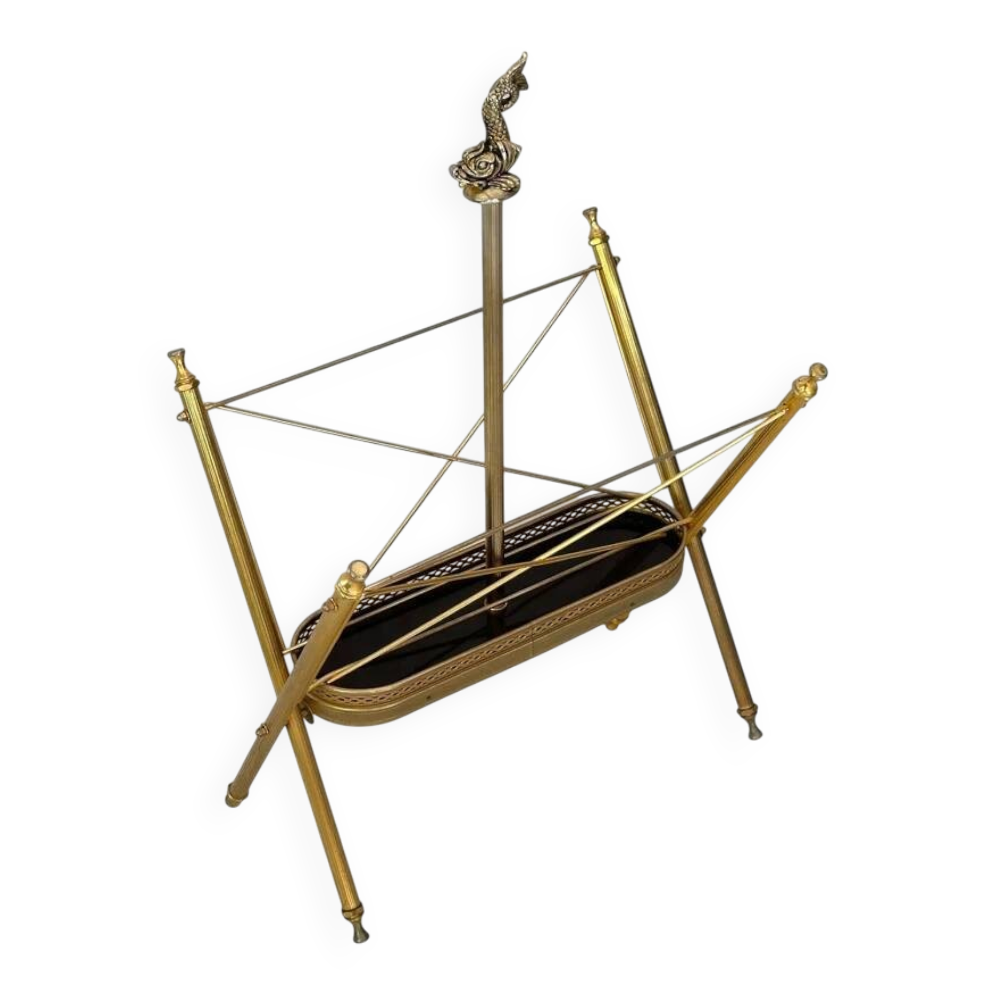 Vintage brass magazine rack with decorative fish – 1950s/60s