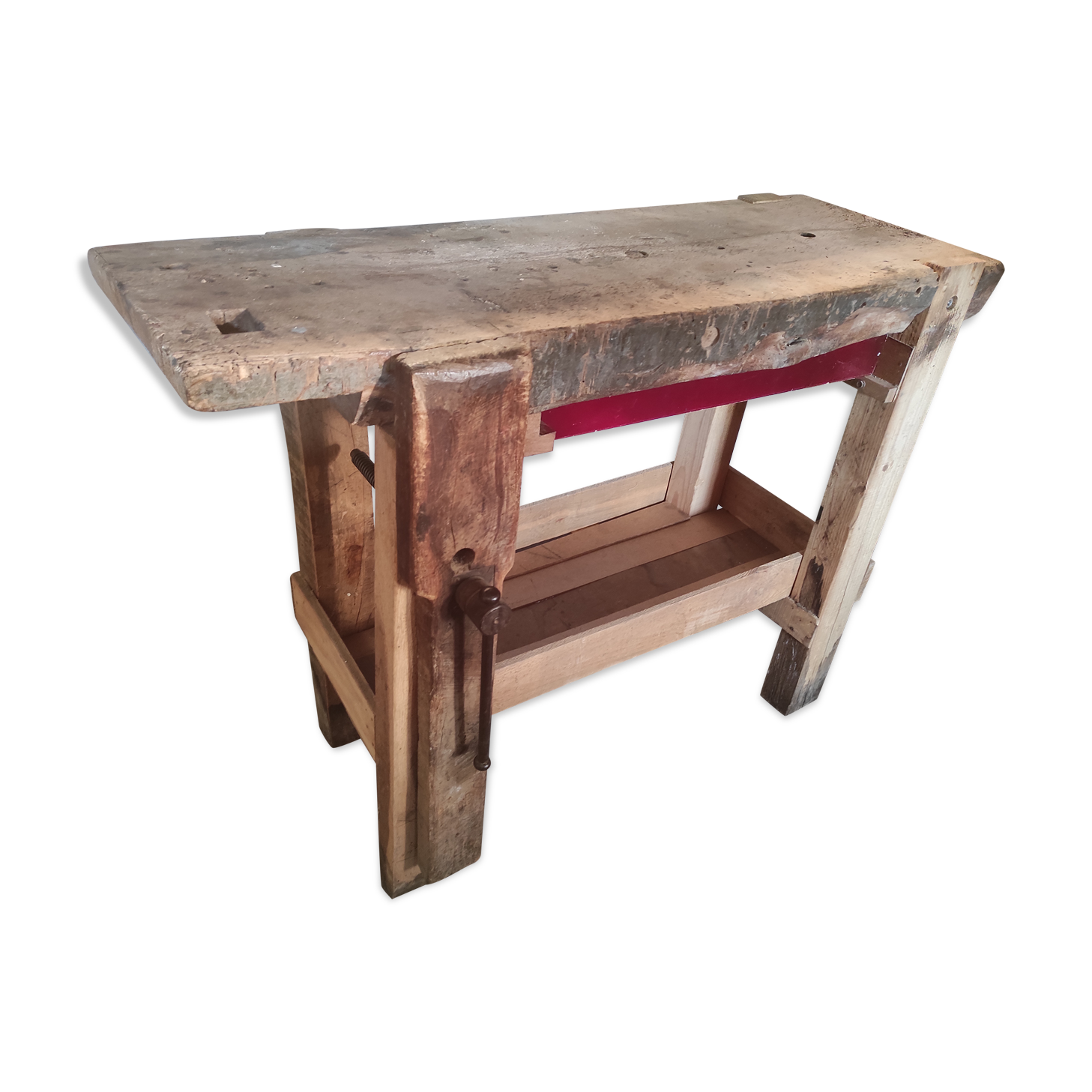 Old homemade vintage solid wood workbench with press and drawer