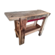 Old homemade vintage solid wood workbench with press and drawer
