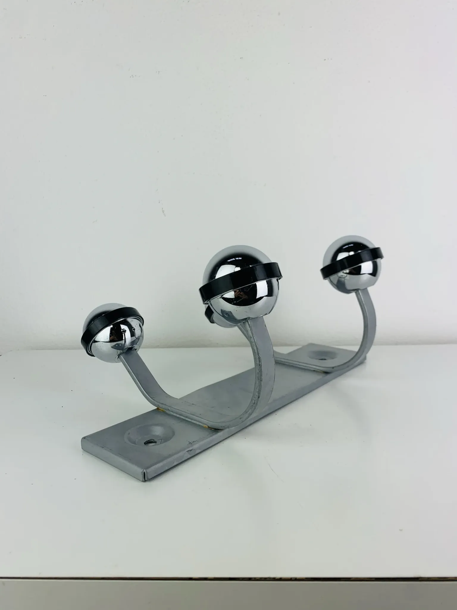 Wall-mounted coat rack, double chrome and grey metal hook, vintage