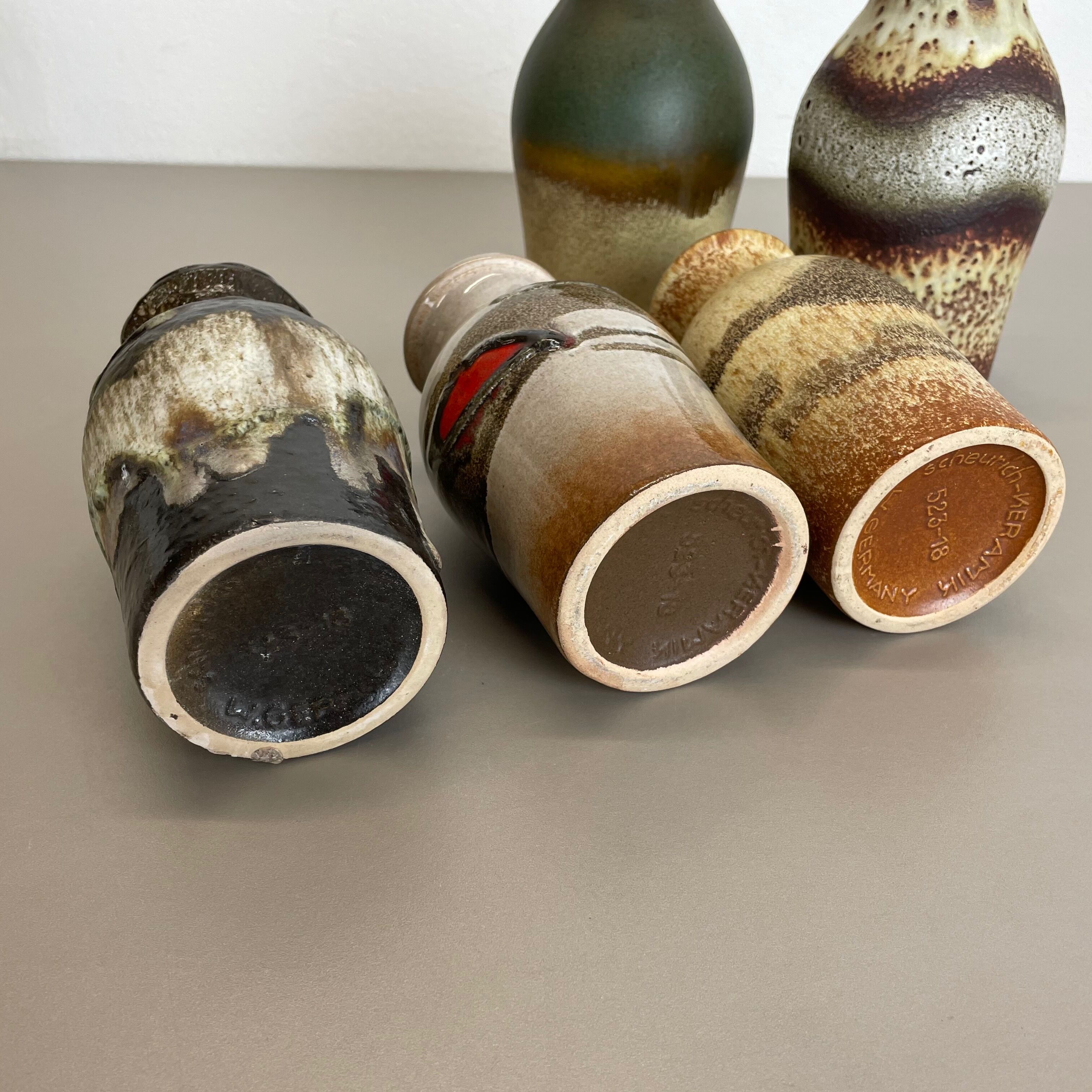Set of Five Vintage Pottery Fat Lava Vases Made by Scheurich, Germany, 1970s