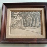 Old painting drawing in ink signed , Les Palmiers