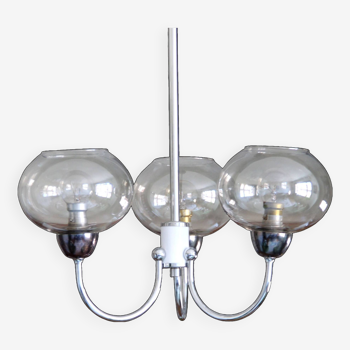 Chromed metal chandelier and smoked glass globes 1970 stainless steel silver seventies vintage design LAMP-6041