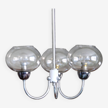 Lustre métal chromé et globes en verre fumé 1970 argent inox seventies design vintage LAMP-6041