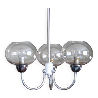 Lustre métal chromé et globes en verre fumé 1970 argent inox seventies design vintage LAMP-6041