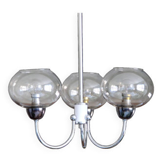 Chromed metal chandelier and smoked glass globes 1970 stainless steel silver seventies vintage design LAMP-6041