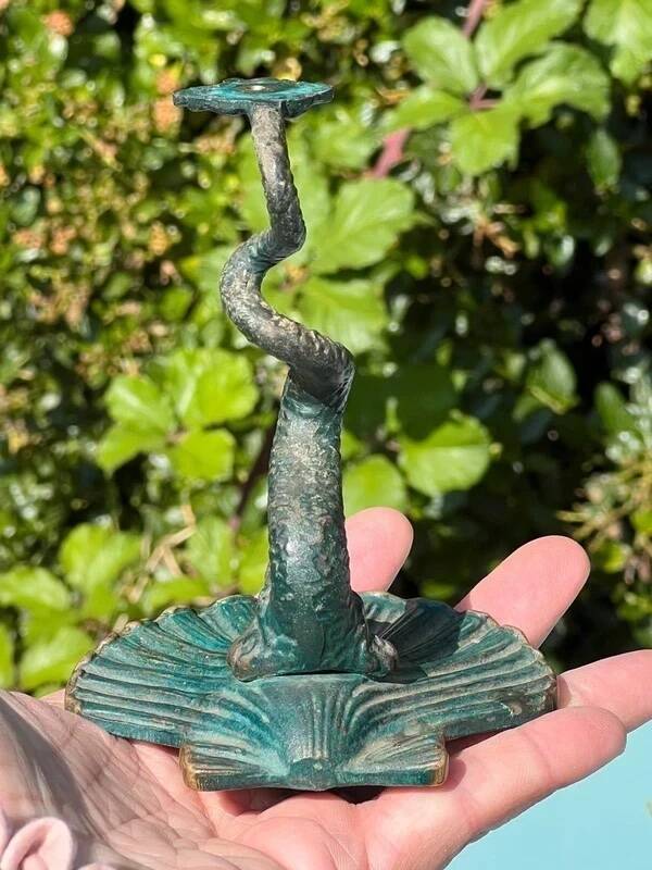 Antique candlestick base – stylised marine fish in patinated bronze