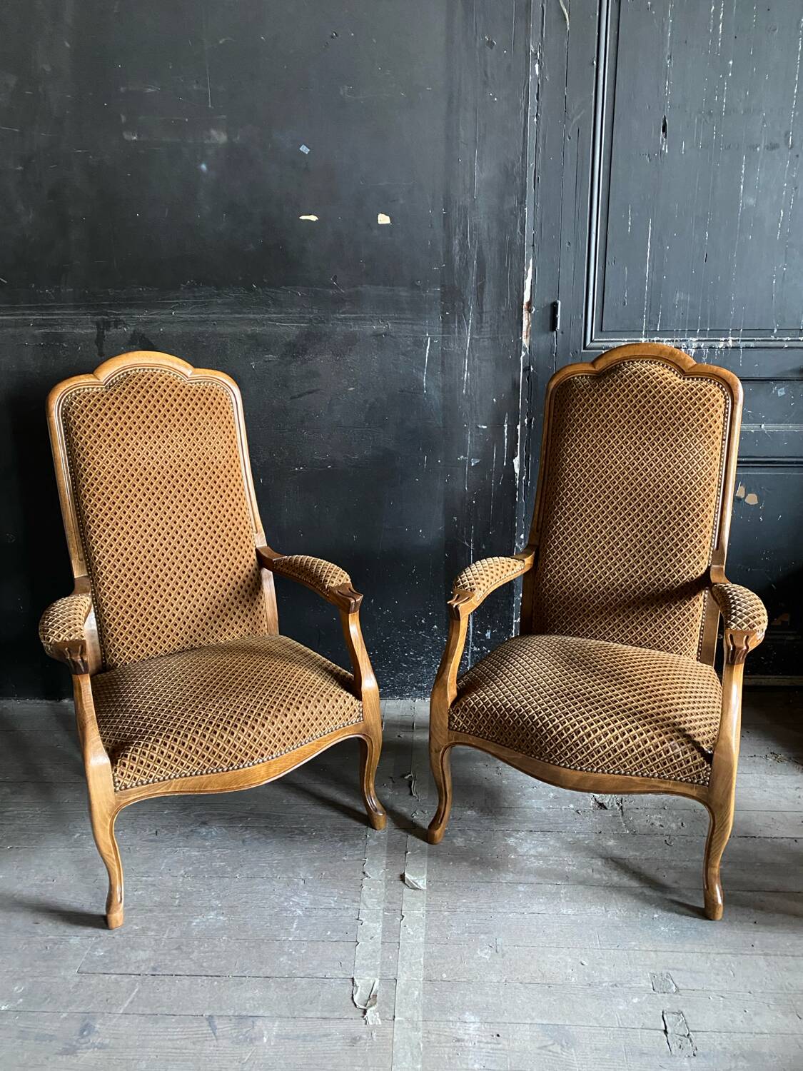 Pair of Voltaire armchairs in wood and fabric