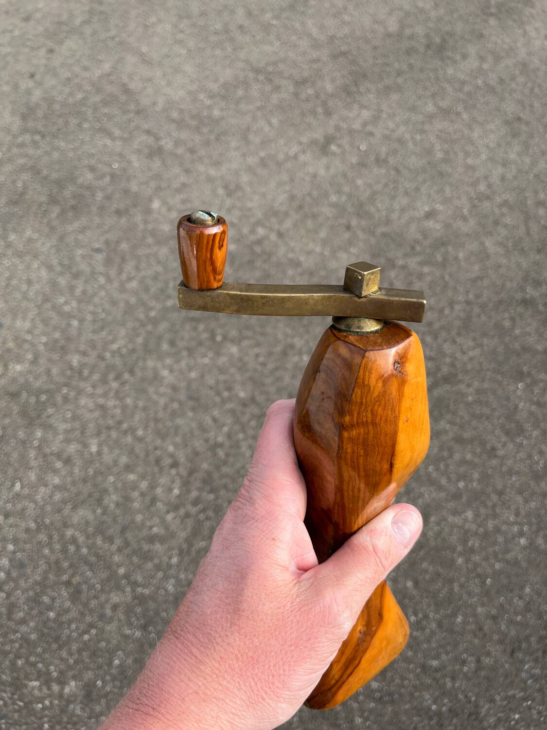 Old vintage pepper mill olive wood and brass