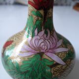 Enamelled brass vase cloisonné Chinese style floral pattern beige red green purple