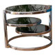 Coffee table with pivoting metal and black glass elements.