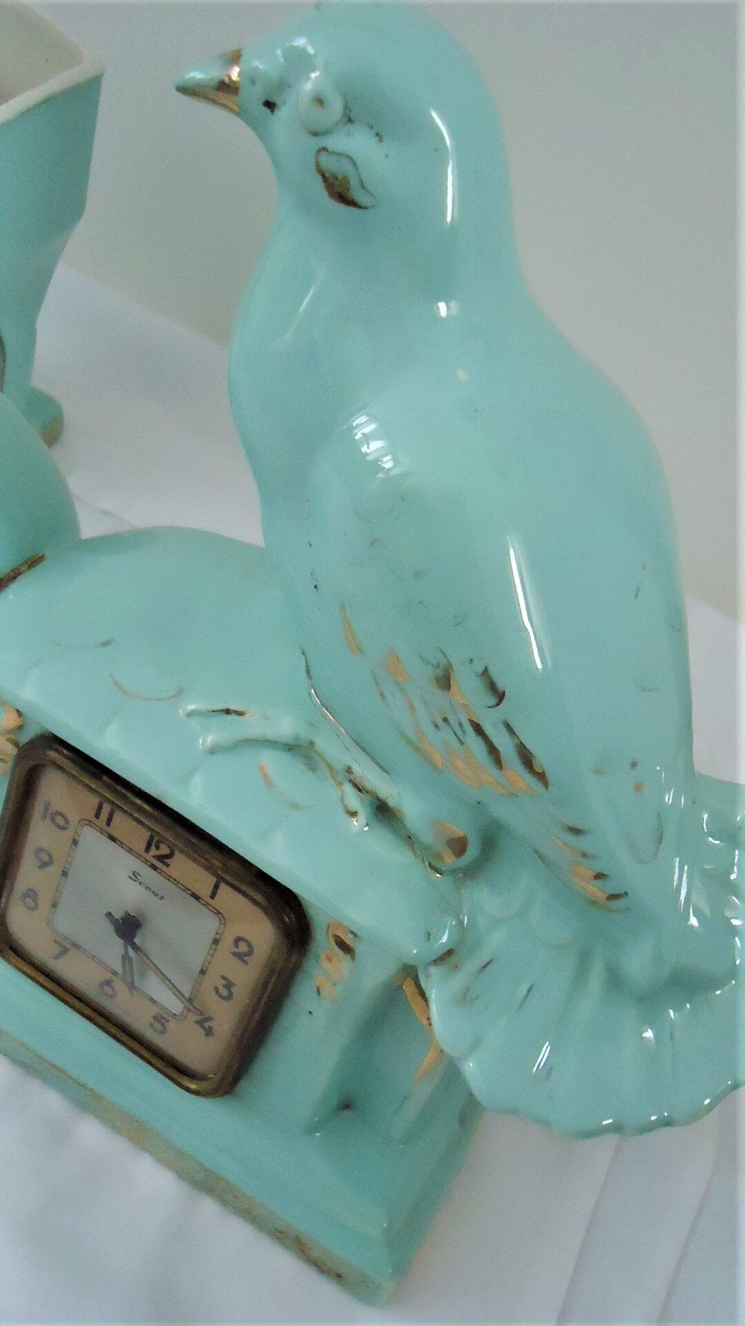 Clock doves color green blue and its vase 50s