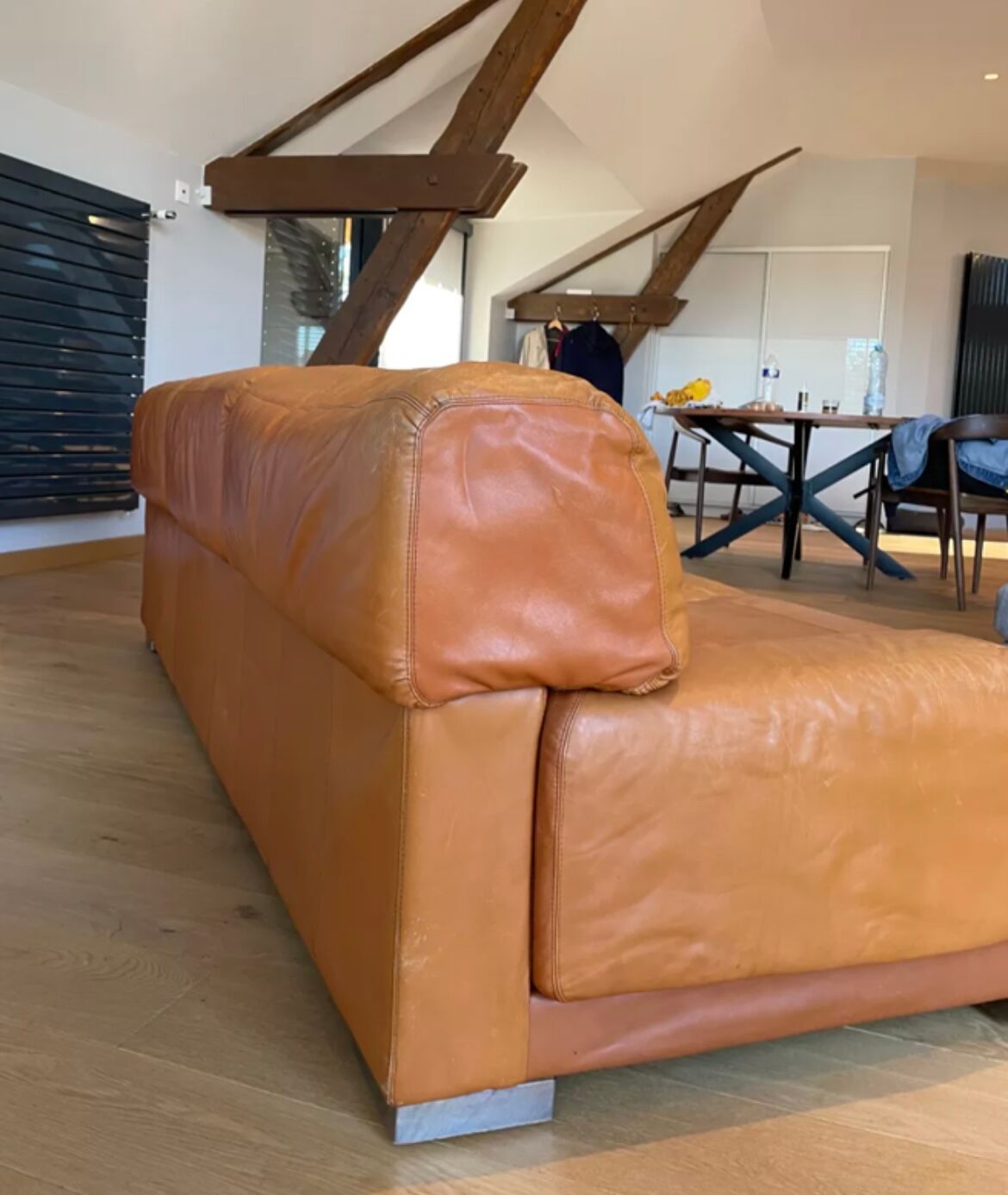 Vintage 3-seater sofa Gérard Guermonprez fawn and stainless steel leather, France 1970