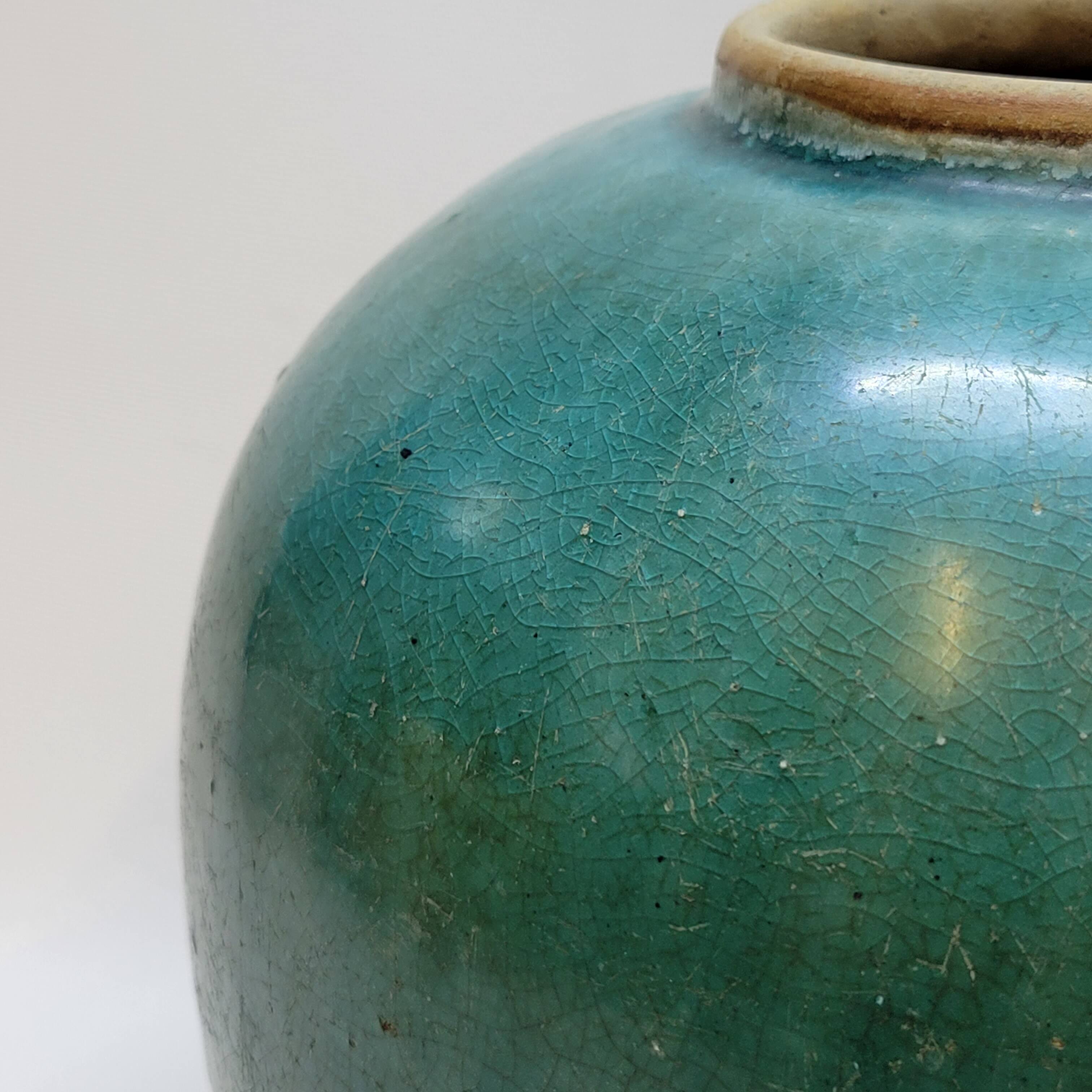 Antique Chinese Ginger Pot 1900 Green Blue Turquoise Enameled Ceramic
