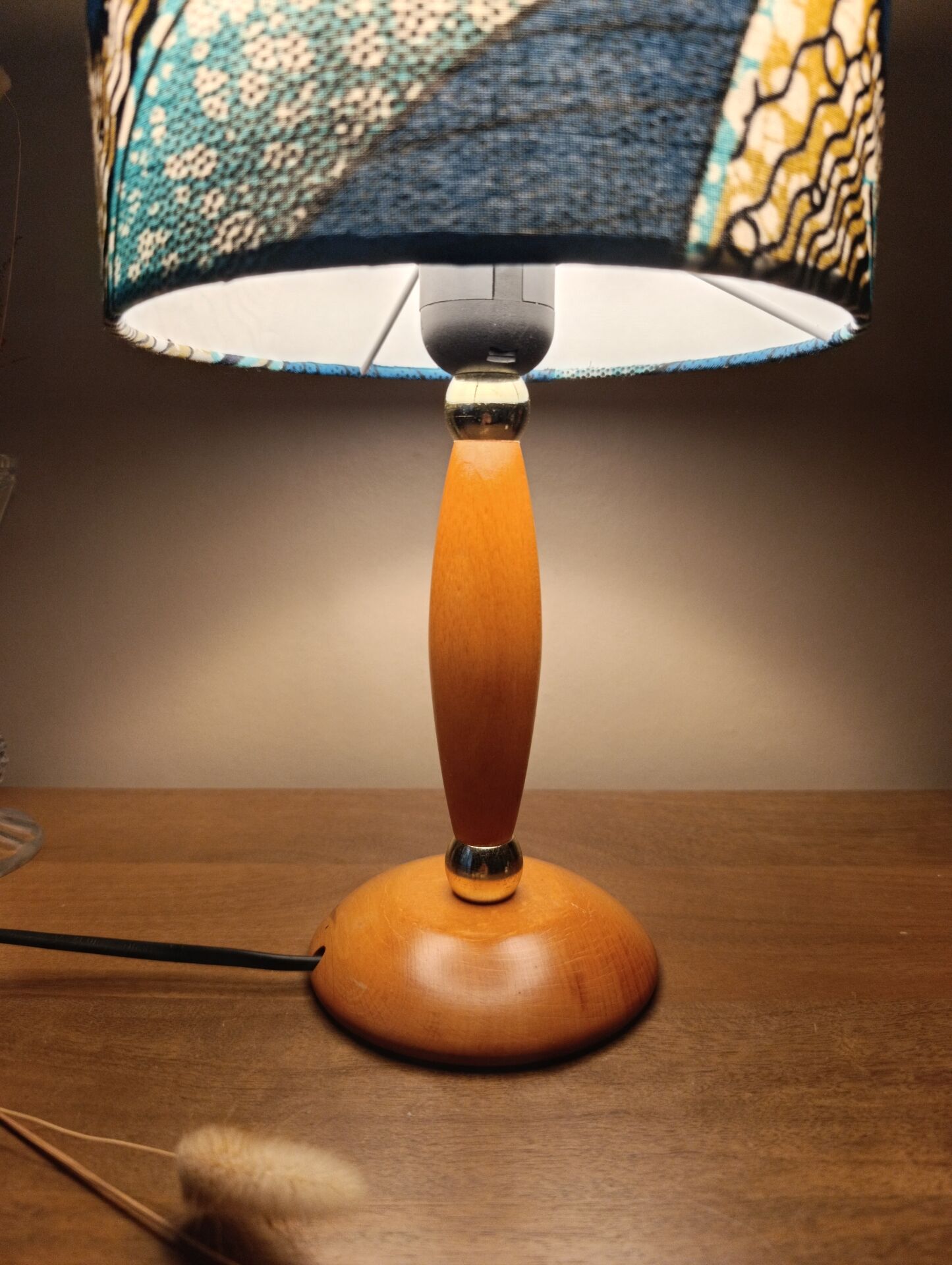 Mid-century wooden table lamp, blue wax lampshade.