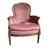Petit fauteuil Louis XVI en velours vieux rose, assise déhoussable – Chic et confortable