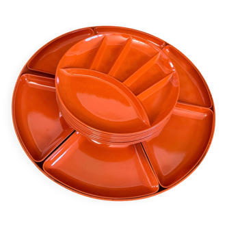 Vintage orange aperitif service – 70s – rotating tray + plates