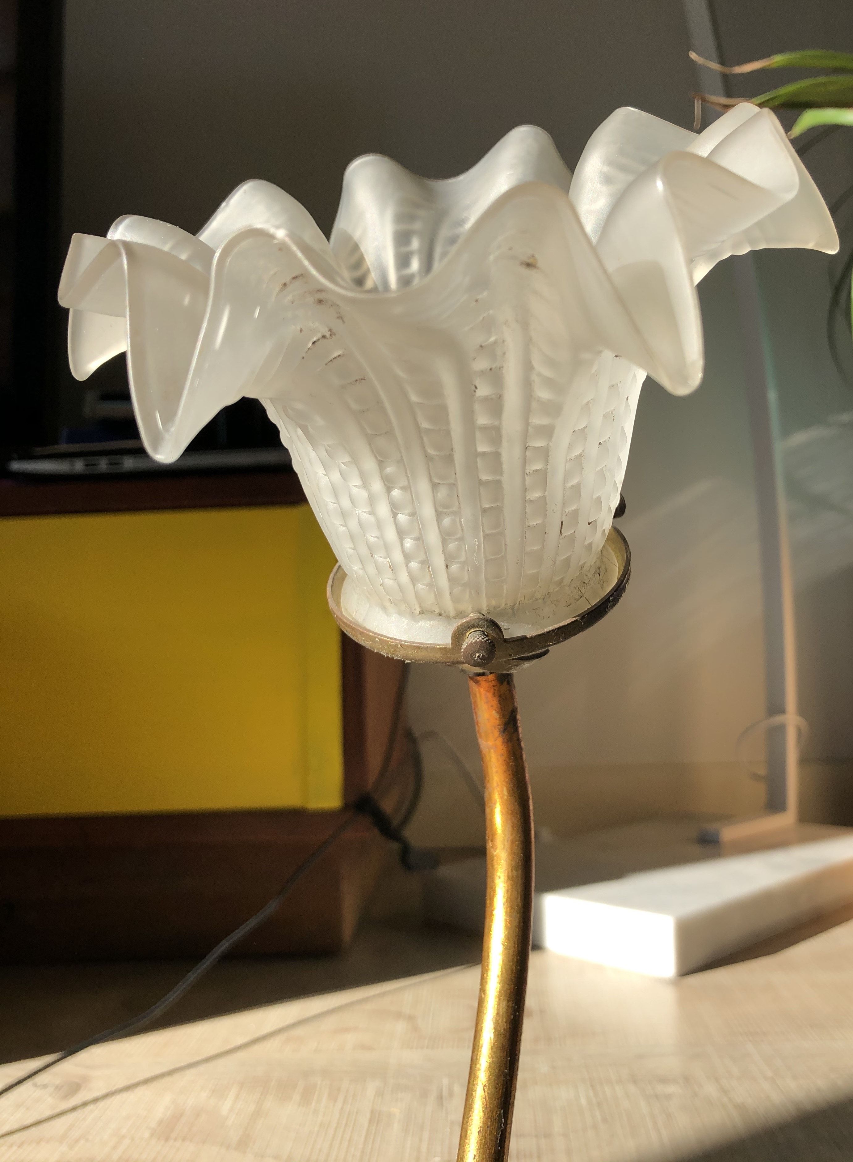 Wall light old swan collar wall in brass and frosted glass, good floral shape.