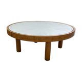 Round coffee table white ceramic and wood