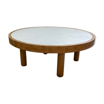 Table basse ronde céramique blanche et bois