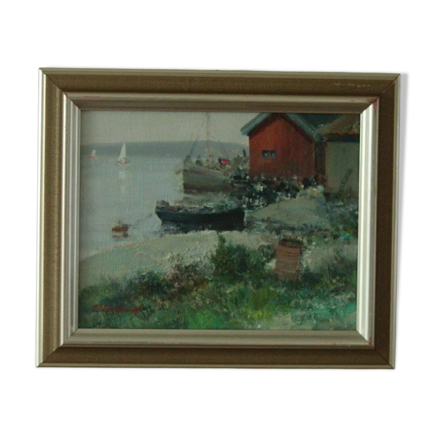 Huile sur toile vintage – « Sjöbodar »