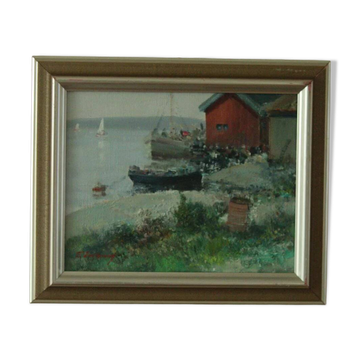 Huile sur toile vintage – « Sjöbodar »