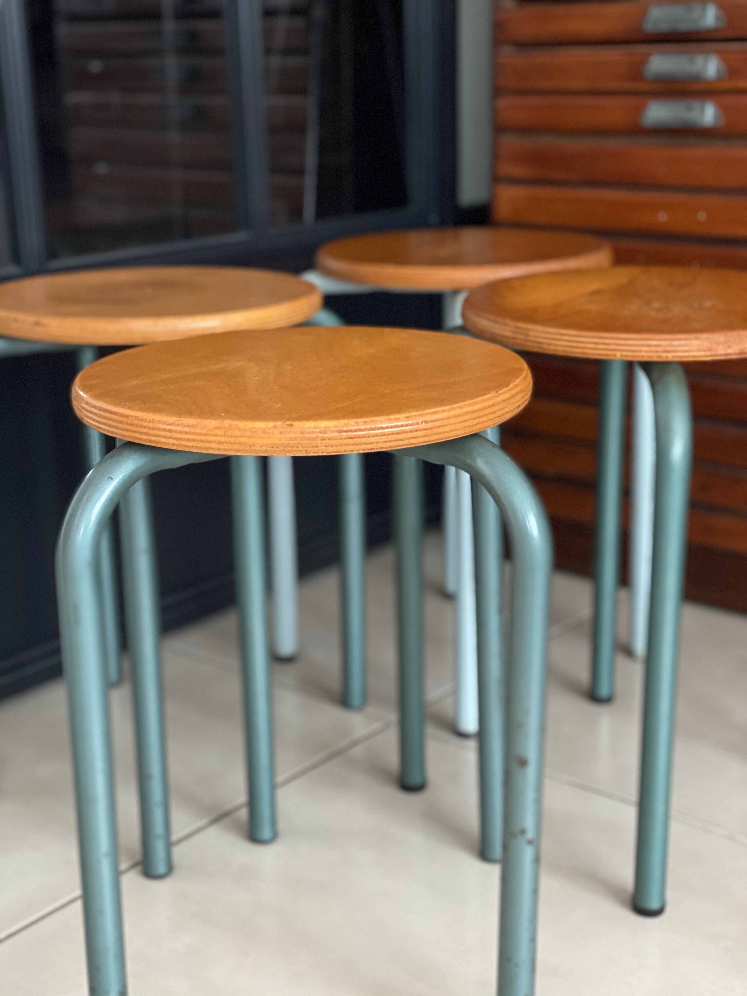 Set of 4 metal and wood workshop stools
