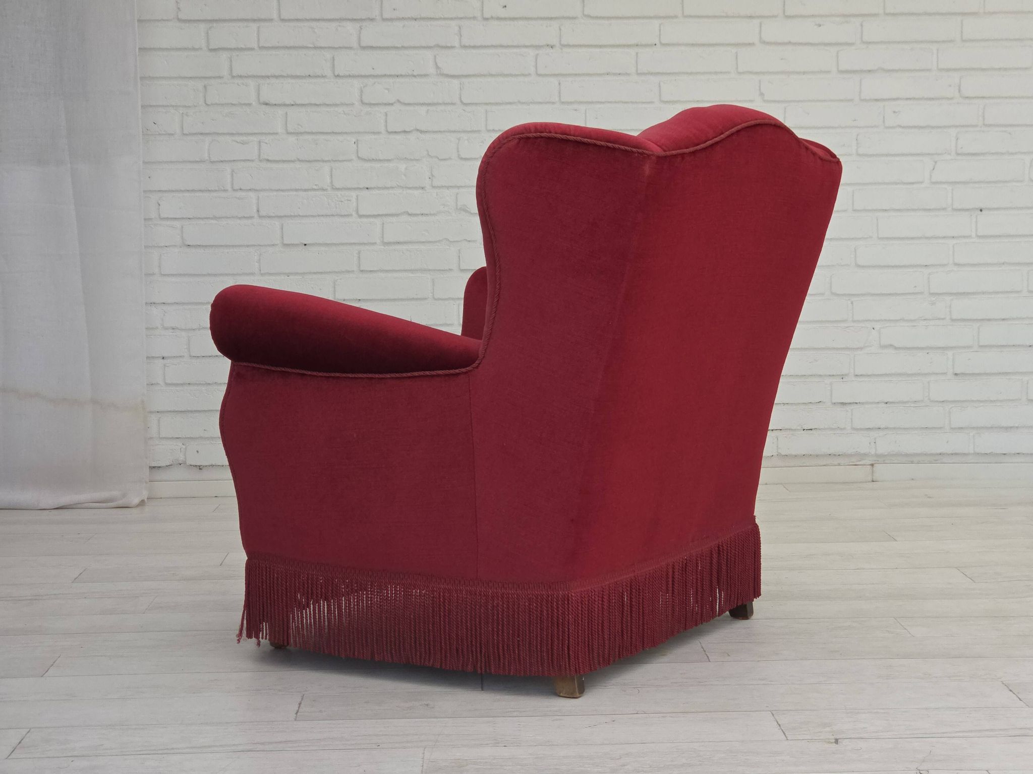 1960s, Danish armchair, red furniture velour, beech wood legs.