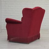 1960s, Danish armchair, red furniture velour, beech wood legs.