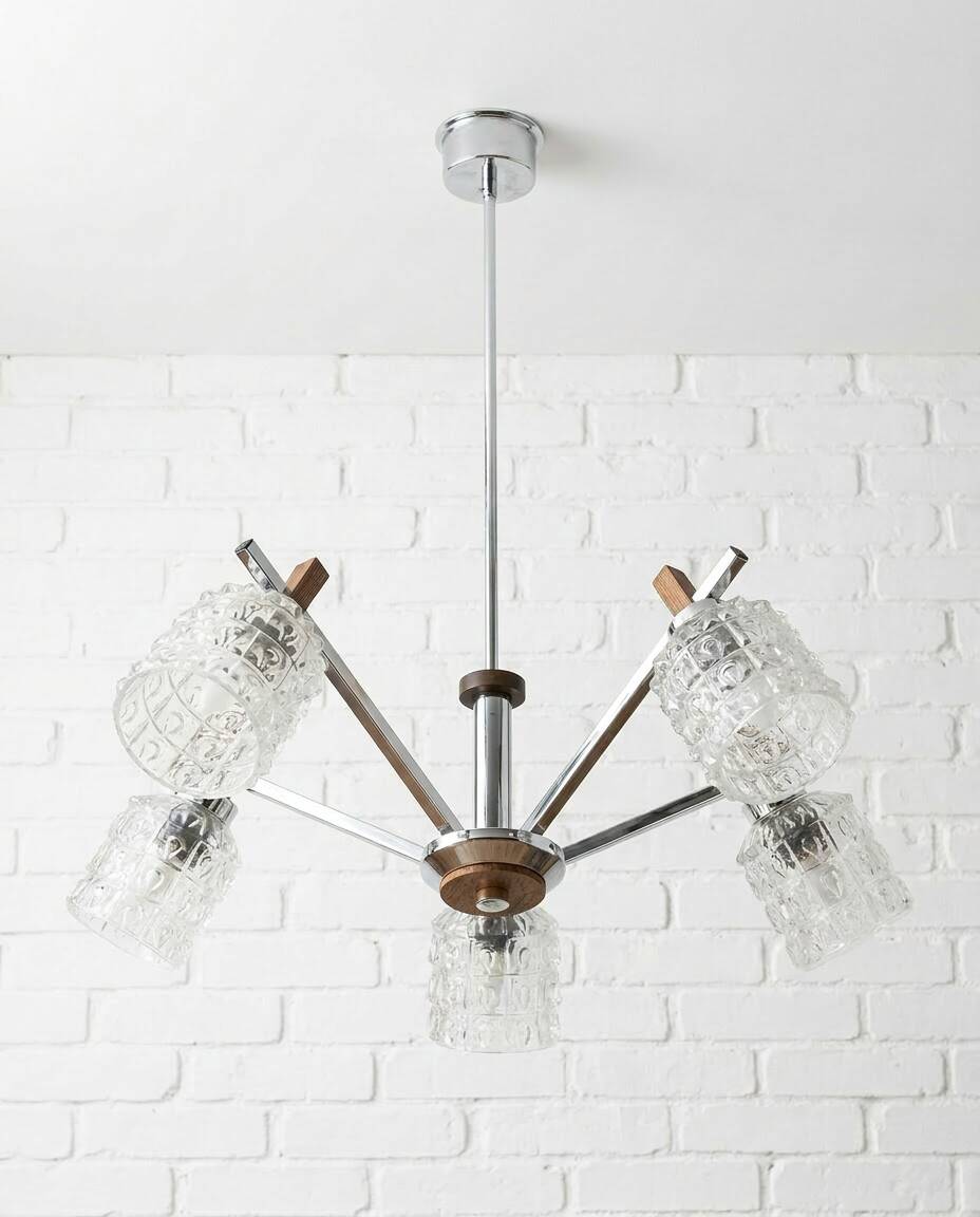 Vintage suspension with 5 chrome and wood lights – textured glass – 1970s