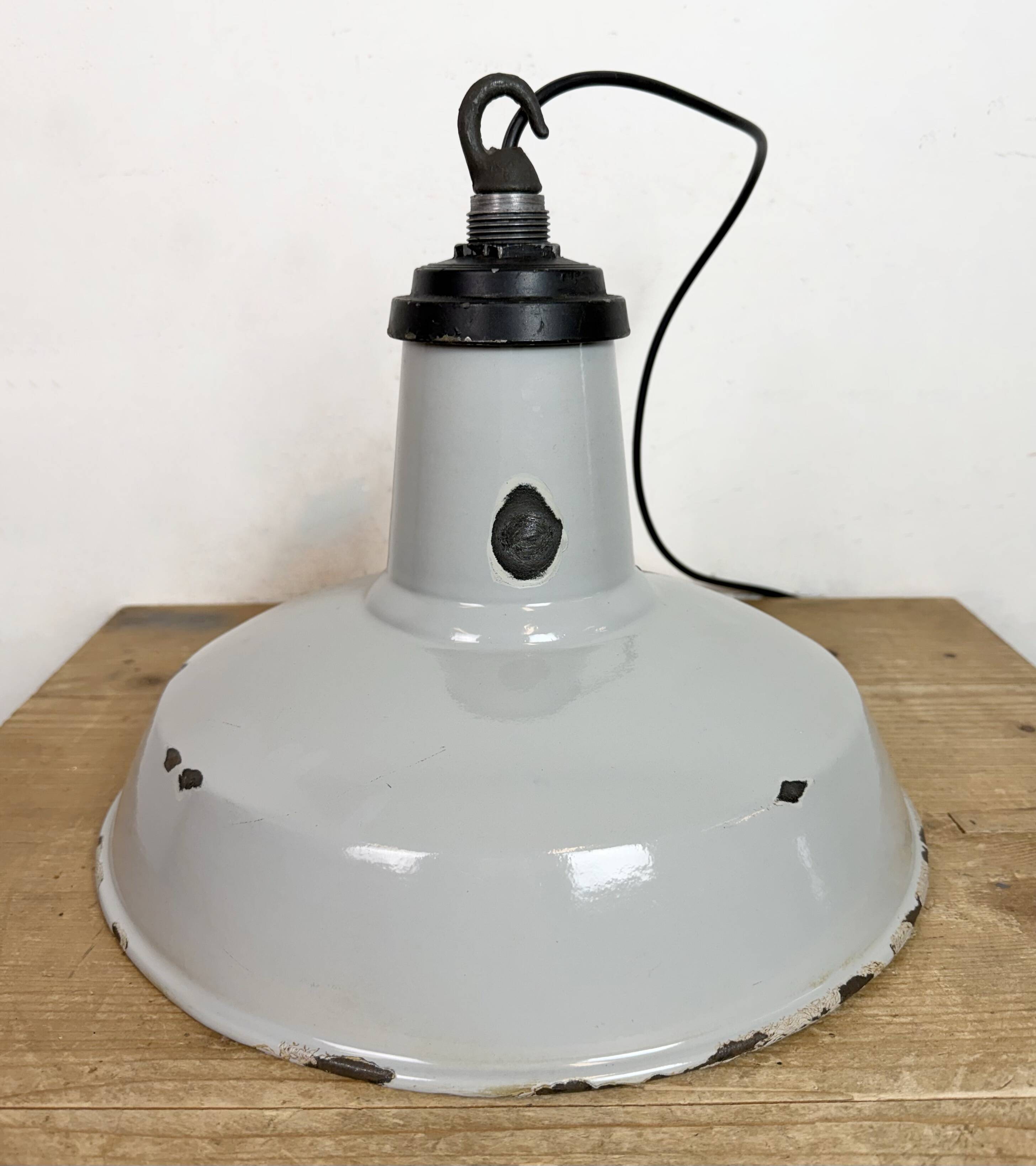 Industrial Grey Enamel Factory Pendant Lamp, 1960s