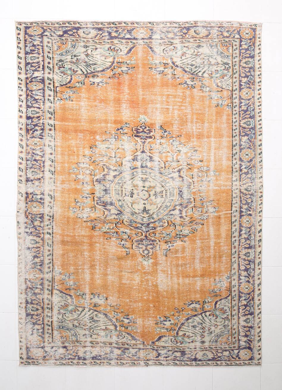 7x9 Orange & Cream Oriental Pattern Vintage Rug, 202x282Cm