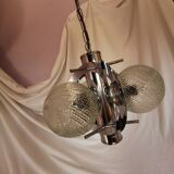 Space age chandelier with 3 lights, stainless steel and cut glass, Mazzega style, 1970