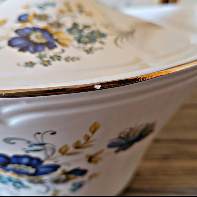 Soup tureen Moulin des Loups Volubilis, blue flowers and gilding