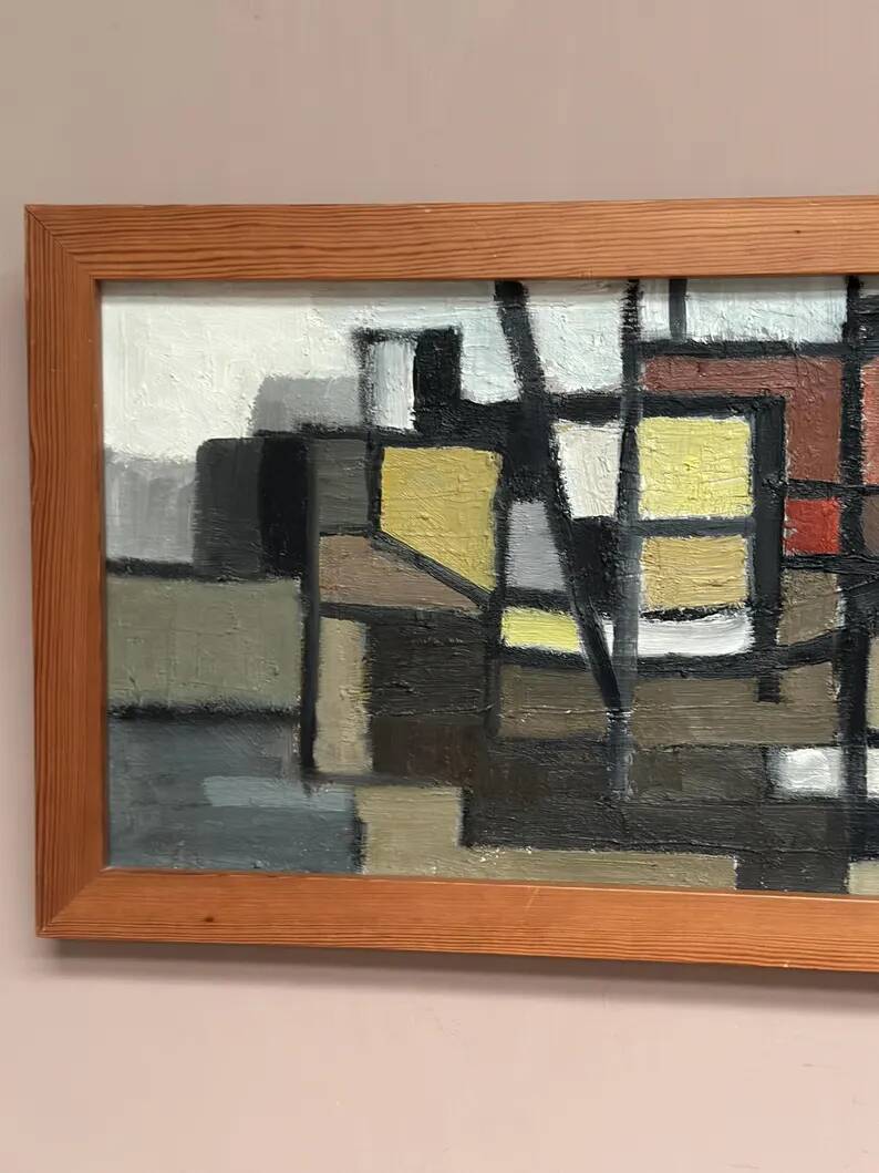Original Swedish Oil on Canvas – “Abstract Composition” – Signed – Dated 1959 – Vintage & Framed – 77 × 35 cm